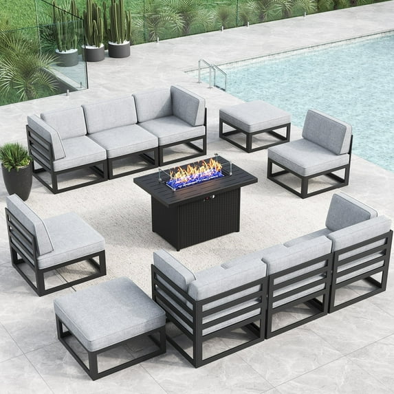 LayinSun Large Aluminum Patio Furniture Set with Fire Pit Table, 11 Pieces Modern Outdoor Conversation Set Sectional Metal Sofa Set with Olefin Cushion