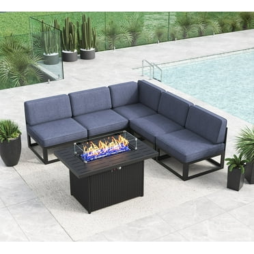 LayinSun Large Aluminum Patio Furniture Set with Fire Pit Table, 6 Pieces Modern Outdoor Conversation Set Sectional Metal Sofa Set with Olefin Cushion