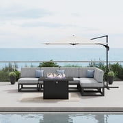 LayinSun Large Aluminum Patio Furniture Set with Fire Pit Table, 6 Pieces Modern Outdoor Conversation Set Sectional Metal Sofa Set with Olefin Cushion