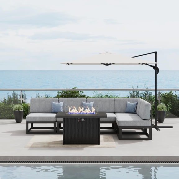 LayinSun Large Aluminum Patio Furniture Set with Fire Pit Table, 6 Pieces Modern Outdoor Conversation Set Sectional Metal Sofa Set with Olefin Cushion