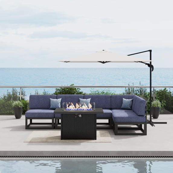 LayinSun Large Aluminum Patio Furniture Set with Fire Pit Table, 6 Pieces Modern Outdoor Conversation Set Sectional Metal Sofa Set with Olefin Cushion