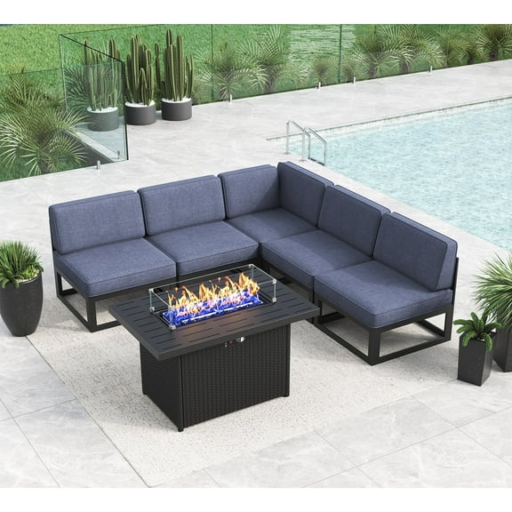 LayinSun Large Aluminum Patio Furniture Set with Fire Pit Table, 6 Pieces Modern Outdoor Conversation Set Sectional Metal Sofa Set with Olefin Cushion