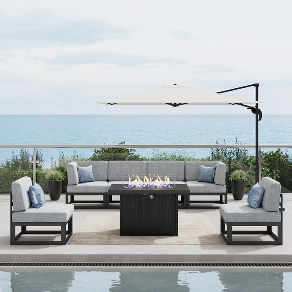 LayinSun Large Aluminum Patio Furniture Set with Fire Pit Table, 7 Pieces Modern Outdoor Conversation Set Sectional Metal Sofa Set with Olefin Cushion