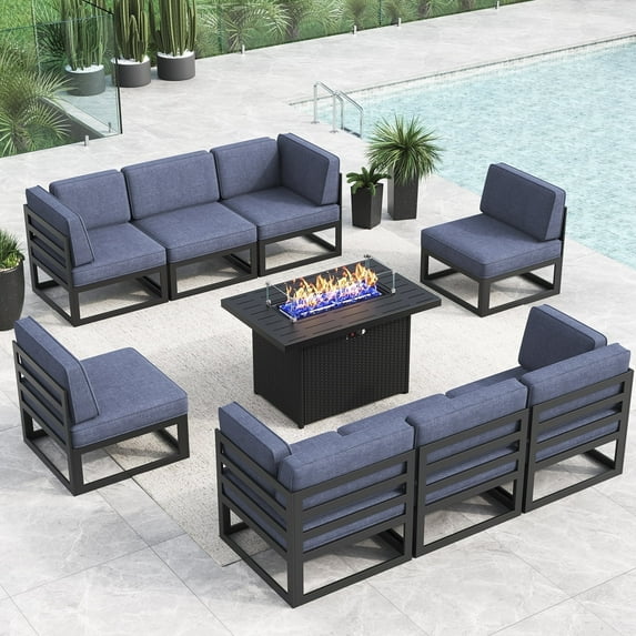 LayinSun Large Aluminum Patio Furniture Set with Fire Pit Table, 9 Pieces Modern Outdoor Conversation Set Sectional Metal Sofa Set with Olefin Cushion