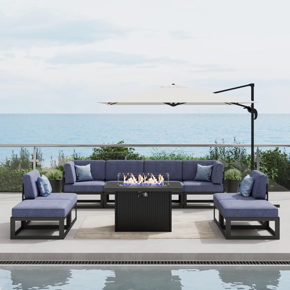 LayinSun Large Aluminum Patio Furniture Set with Fire Pit Table, 9 Pieces Modern Outdoor Conversation Set Sectional Metal Sofa Set with Olefin Cushion