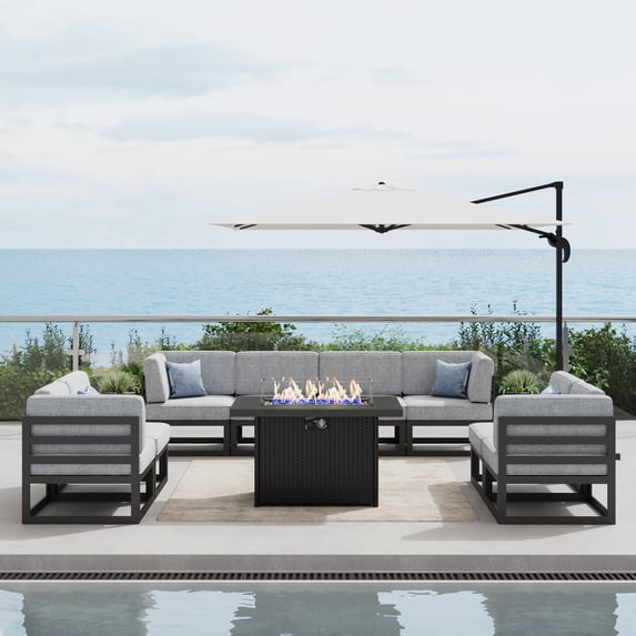 LayinSun Large Aluminum Patio Furniture Set with Fire Pit Table, 9 Pieces Modern Outdoor Conversation Set Sectional Metal Sofa Set with Olefin Cushion