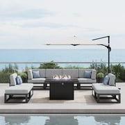 LayinSun Large Aluminum Patio Furniture Set with Fire Pit Table, 9 Pieces Modern Outdoor Conversation Set Sectional Metal Sofa Set with Olefin Cushion