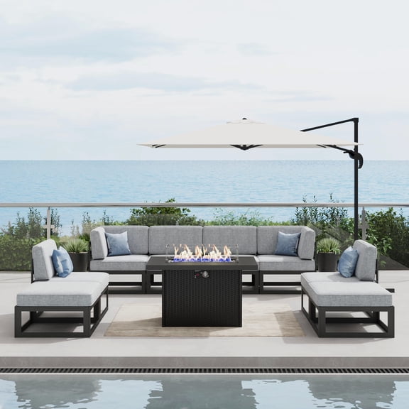 LayinSun Large Aluminum Patio Furniture Set with Fire Pit Table, 9 Pieces Modern Outdoor Conversation Set Sectional Metal Sofa Set with Olefin Cushion