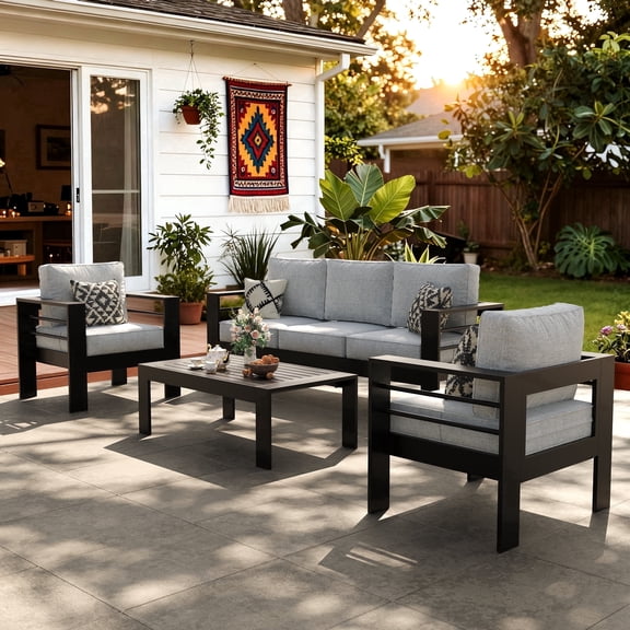 LayinSun Outdoor Aluminum Furniture Set, 4 Pieces Patio Sectional Conversation Chat Sofa Modern Seating Set with Coffee Table