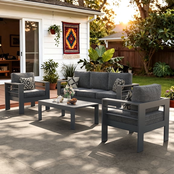 LayinSun Outdoor Aluminum Furniture Set, 4 Pieces Patio Sectional Conversation Chat Sofa Modern Seating Set with Coffee Table