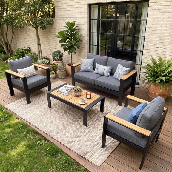 LayinSun Outdoor Aluminum Furniture Set with Coffee Table, Modern Patio Conversation Sets for Porch, Backyard