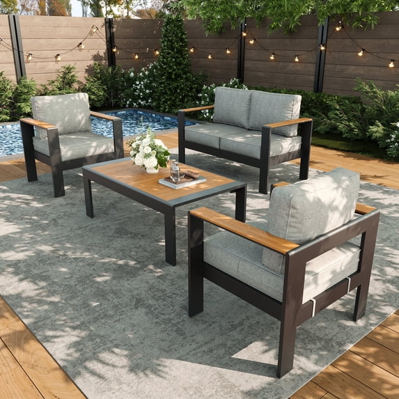 LayinSun Outdoor Aluminum Furniture Set with Coffee Table, Modern Patio Conversation Sets for Porch, Backyard