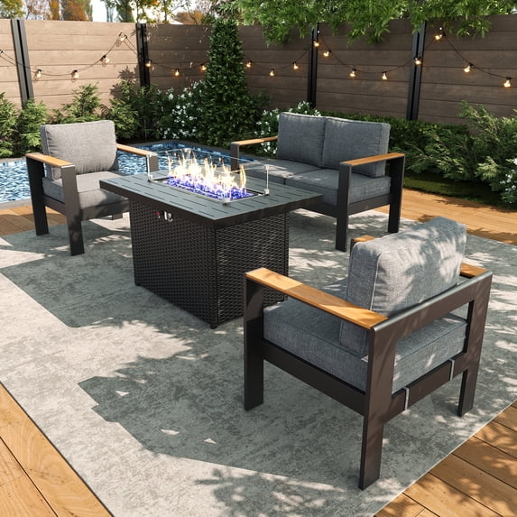 LayinSun Outdoor Aluminum Furniture Set with Fire Pit Table, Modern Patio Conversation Sets for Porch, Backyard