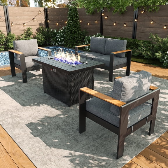 LayinSun Outdoor Aluminum Furniture Set with Fire Pit Table, Modern Patio Conversation Sets for Porch, Backyard
