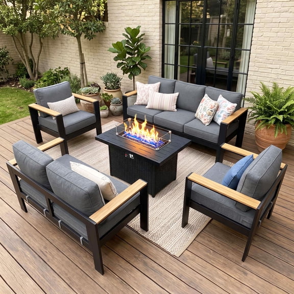 LayinSun Outdoor Aluminum Furniture Set with Fire Pit Table, Modern Patio Conversation Sets for Porch, Backyard