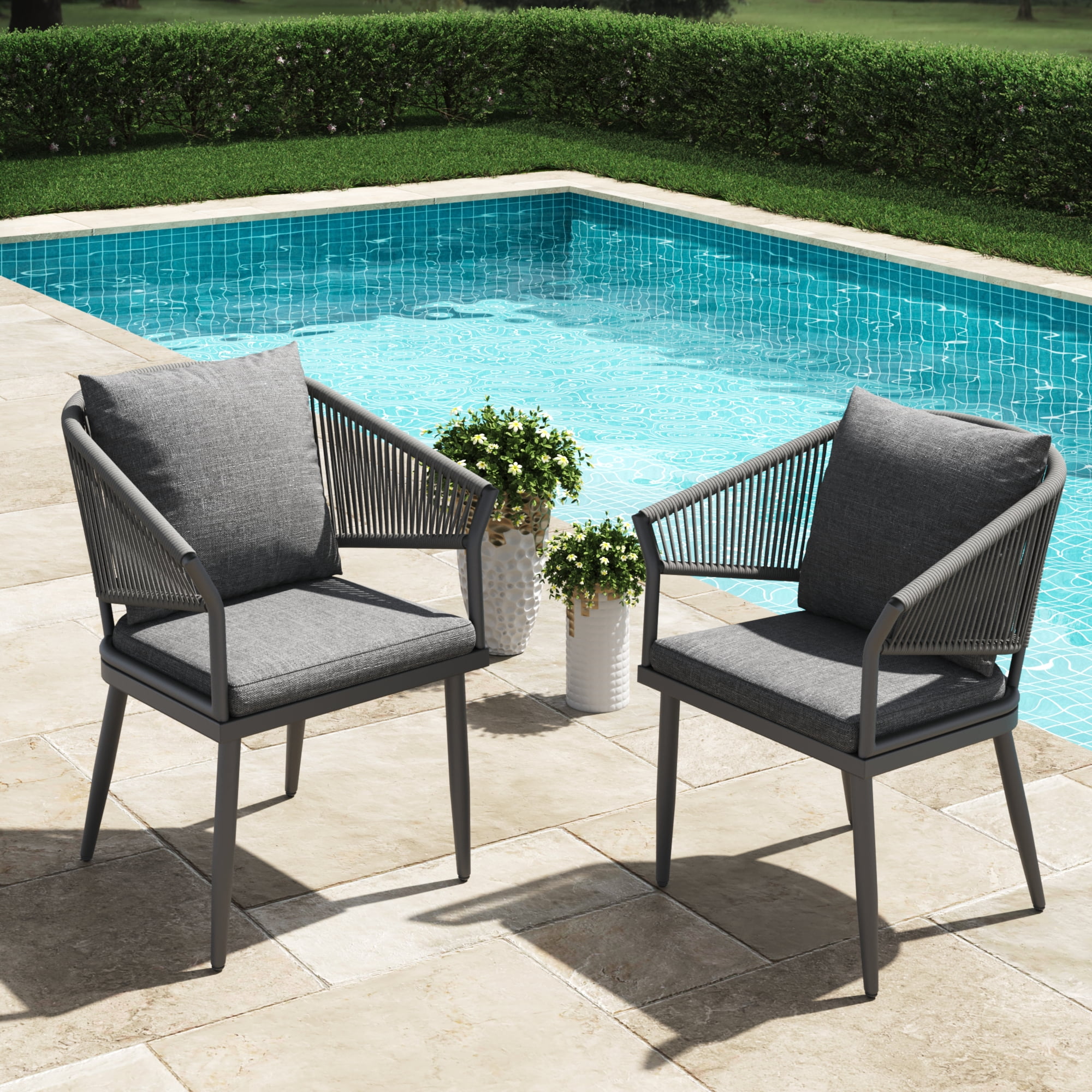 LayinSun Outdoor Dining Chairs Set of 2, 2 Pieces All-Weather Wicker Patio Chair for Patio, Deck, Proch with Soft Cushions and Armrests