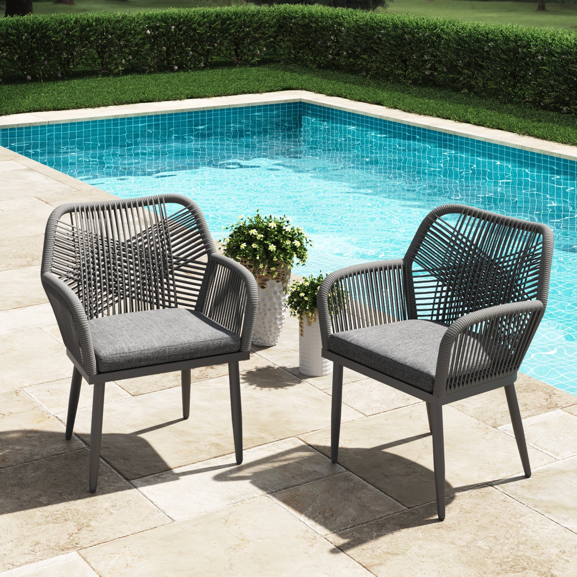 LayinSun Outdoor Dining Chairs Set of 2, 2 Pieces All-Weather Wicker Patio Chair for Patio, Deck, Proch with Soft Cushions and Armrests