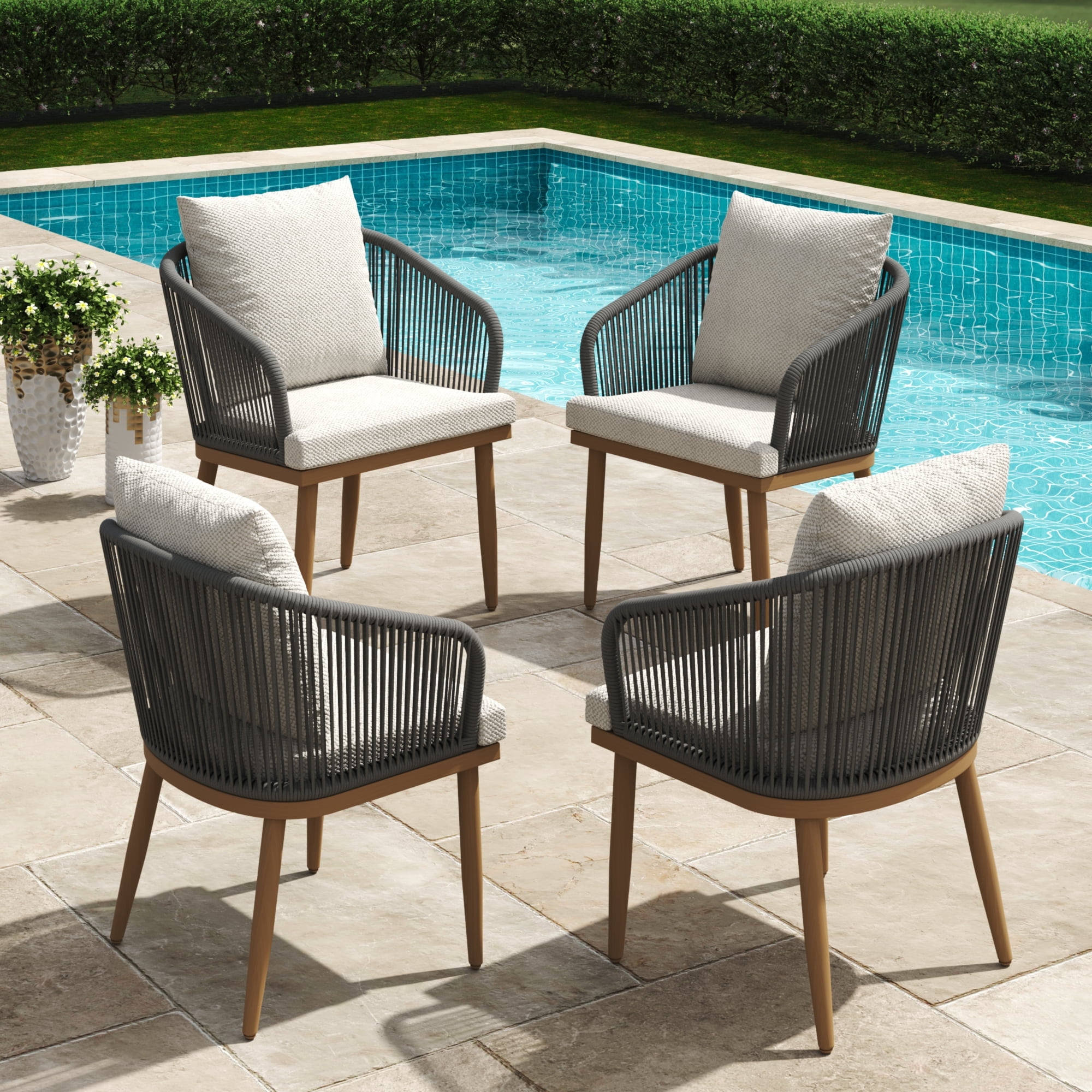 LayinSun Outdoor Dining Chairs Set of 4, 4 Pieces All-Weather Wicker Patio Chair for Patio, Deck, Proch with Soft Cushions and Armrests