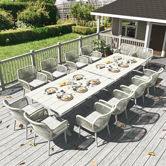 LayinSun Outdoor Dining Set for 12, 14 Pieces Patio Furniture Sets with Aluminum Dining Table and Rope Weave Chairs