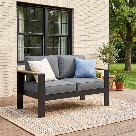 LayinSun Outdoor Patio Furniture Aluminum Loveseat, All-Weather Metal Sofa with 5" Thick Cushions for Porch, Balcony