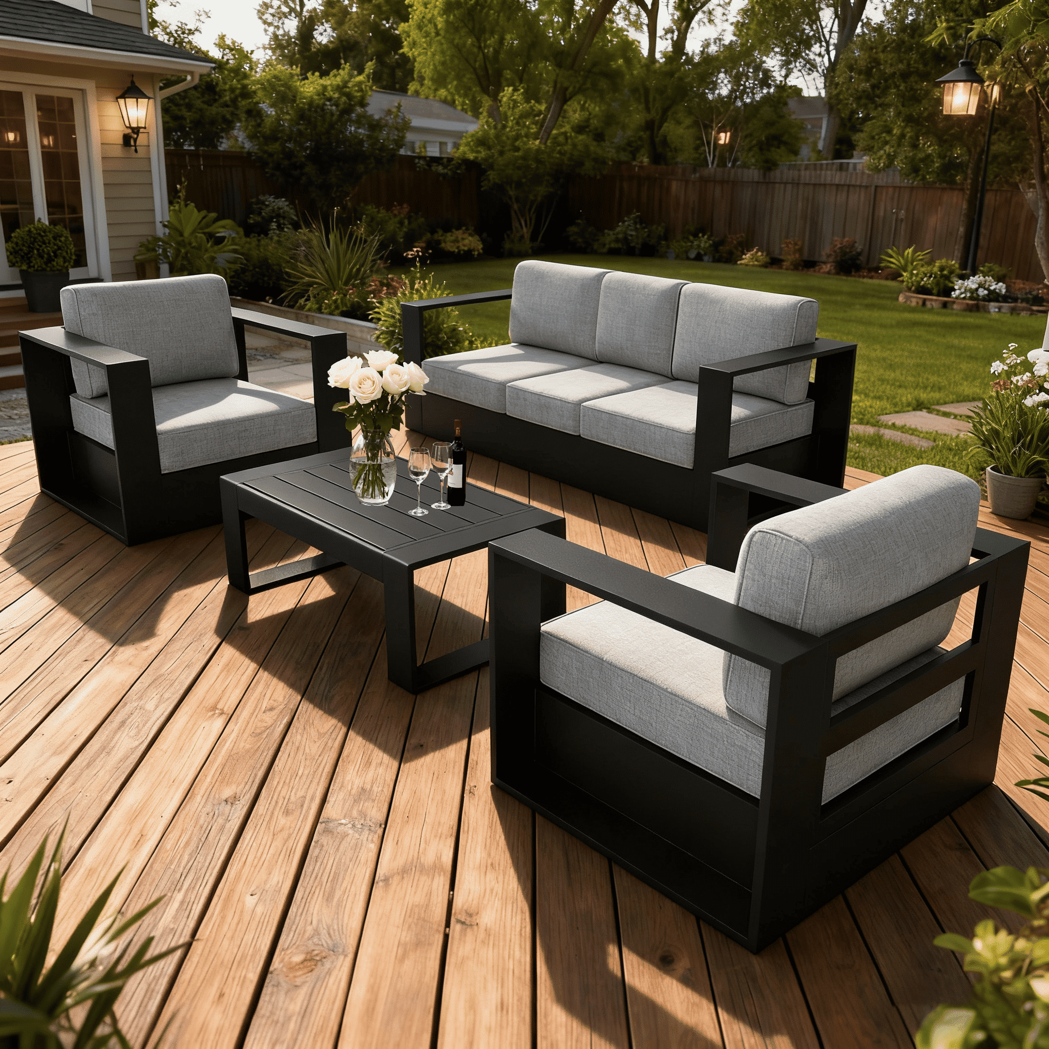 LayinSun Oversized Aluminum Outdoor Furniture Set, 4 Piece Patio Sofa Sets with Coffee Table, Deep Seating and Upgraded 6-inch Cushions for Porch, Balcony, Deck