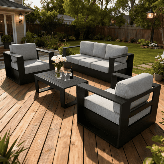 LayinSun Oversized Aluminum Outdoor Furniture Set, 4 Piece Patio Sofa Sets with Coffee Table, Deep Seating and Upgraded 6-inch Cushions for Porch, Balcony, Deck