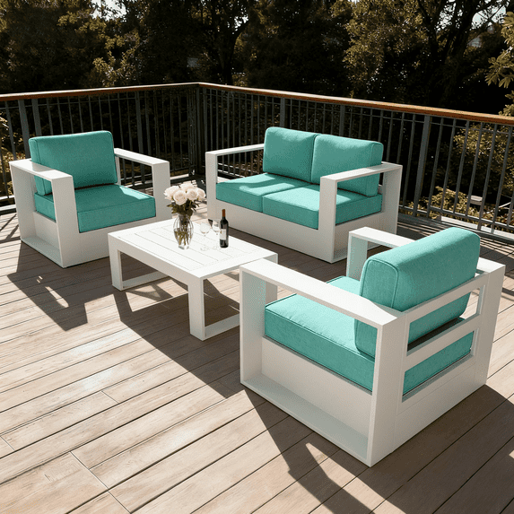 LayinSun Oversized Aluminum Outdoor Furniture Set, 4 Piece Patio Sofa Sets with Coffee Table, Deep Seating and Upgraded 6-inch Cushions for Porch, Balcony, Deck