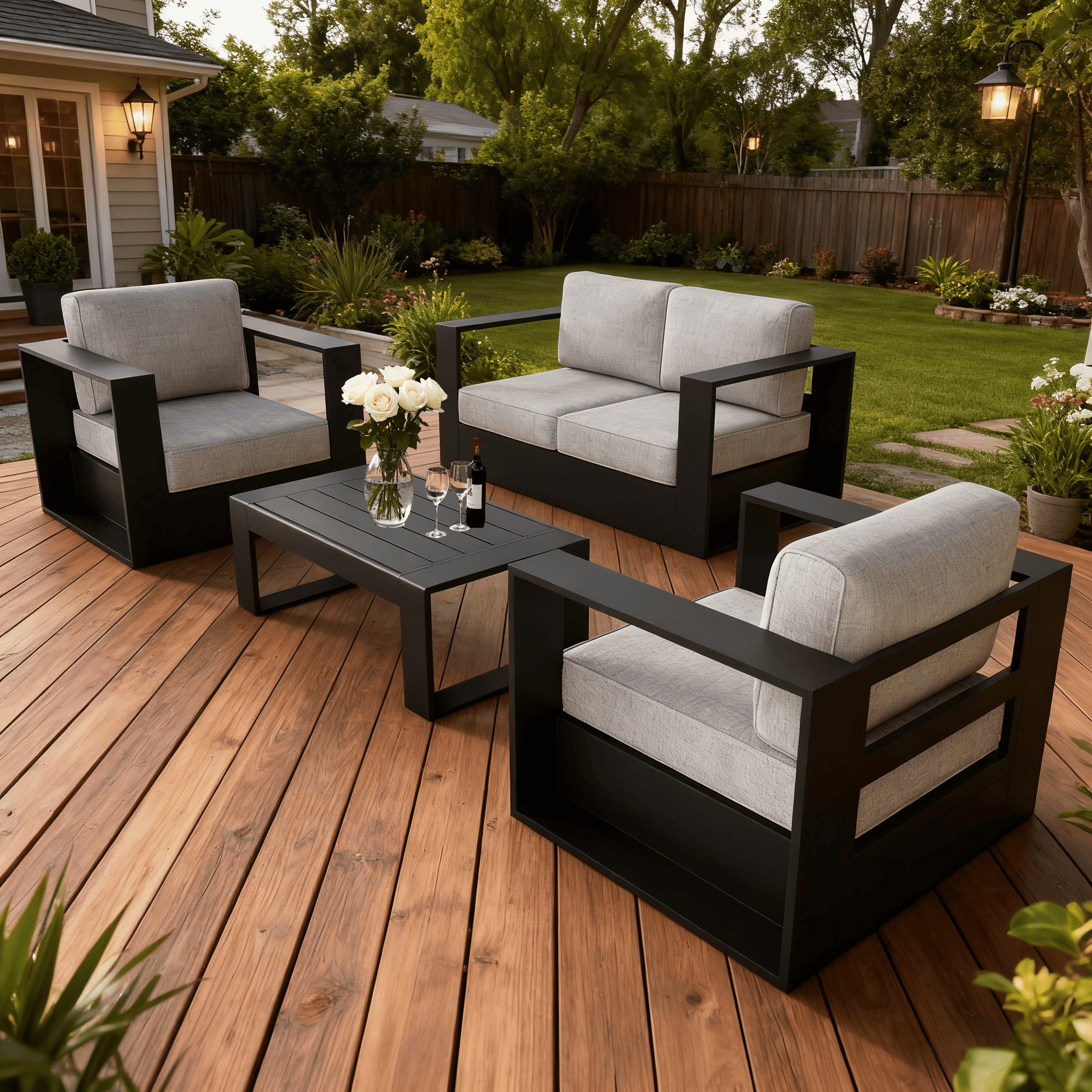 LayinSun Oversized Aluminum Outdoor Furniture Set, 4 Piece Patio Sofa Sets with Coffee Table, Deep Seating and Upgraded 6-inch Cushions for Porch, Balcony, Deck