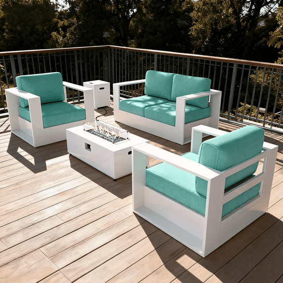 LayinSun Oversized Aluminum Outdoor Furniture Set, 4 Piece Patio Sofa Sets with Fire Pit Table, Deep Seating and Upgraded 6-inch Cushions for Porch, Balcony, Deck