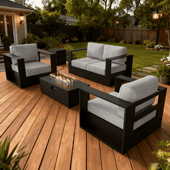 LayinSun Oversized Aluminum Outdoor Furniture Set, 4 Piece Patio Sofa Sets with Fire Pit Table, Deep Seating and Upgraded 6-inch Cushions for Porch, Balcony, Deck