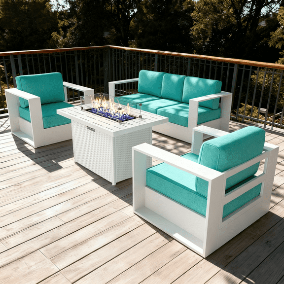 LayinSun Oversized Aluminum Outdoor Furniture Set, 4 Piece Patio Sofa Sets with Fire Pit Table, Deep Seating and Upgraded 6-inch Cushions for Porch, Balcony, Deck