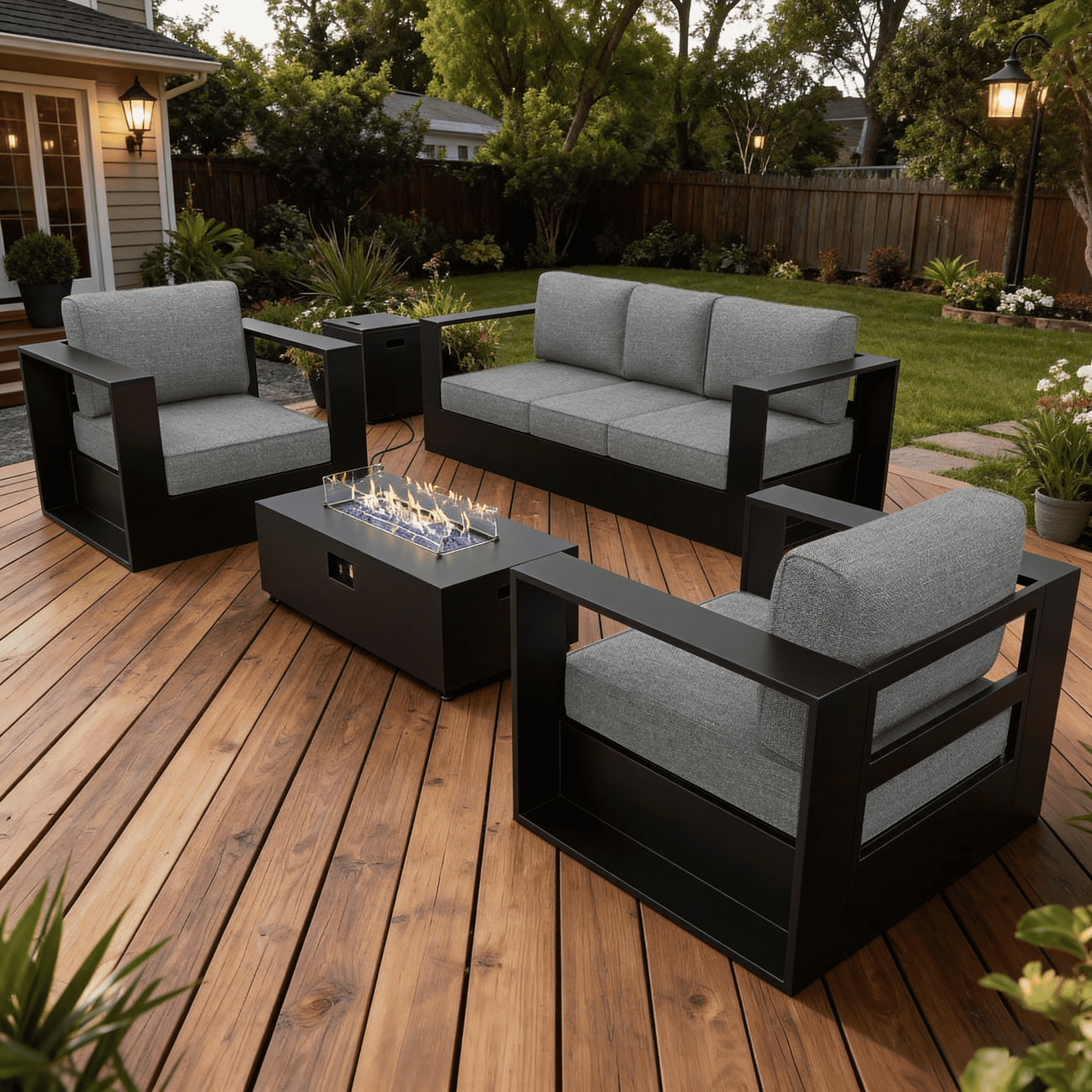 LayinSun Oversized Aluminum Outdoor Furniture Set, 4 Piece Patio Sofa Sets with Fire Pit Table, Deep Seating and Upgraded 6-inch Cushions for Porch, Balcony, Deck