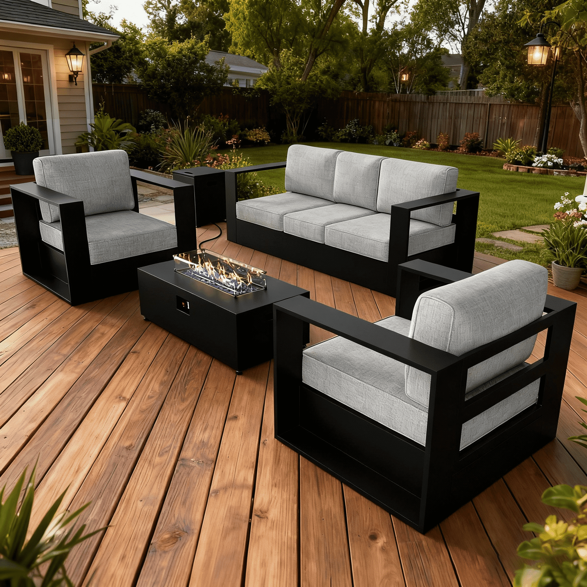LayinSun Oversized Aluminum Outdoor Furniture Set, 4 Piece Patio Sofa Sets with Fire Pit Table, Deep Seating and Upgraded 6-inch Cushions