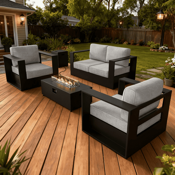 LayinSun Oversized Aluminum Outdoor Furniture Set, 4 Piece Patio Sofa Sets with Fire Pit Table, Deep Seating and Upgraded 6-inch Cushions for Porch, Balcony, Deck