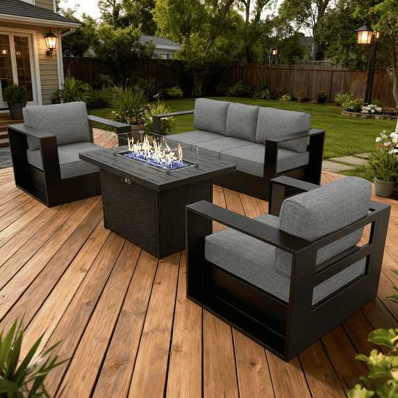 LayinSun Oversized Aluminum Outdoor Furniture Set, 4 Piece Patio Sofa Sets with Fire Pit Table, Deep Seating and Upgraded 6-inch Cushions for Porch, Balcony, Deck