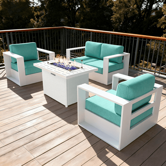 LayinSun Oversized Aluminum Outdoor Furniture Set, 4 Piece Patio Sofa Sets with Fire Pit Table, Deep Seating and Upgraded 6-inch Cushions for Porch, Balcony, Deck