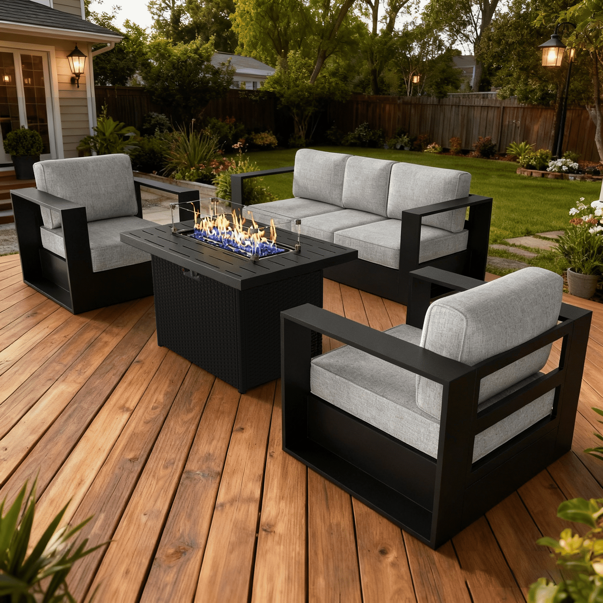 LayinSun Oversized Aluminum Outdoor Furniture Set, 4 Piece Patio Sofa Sets with Fire Pit Table, Deep Seating and Upgraded 6-inch Cushions for Porch, Balcony, Deck