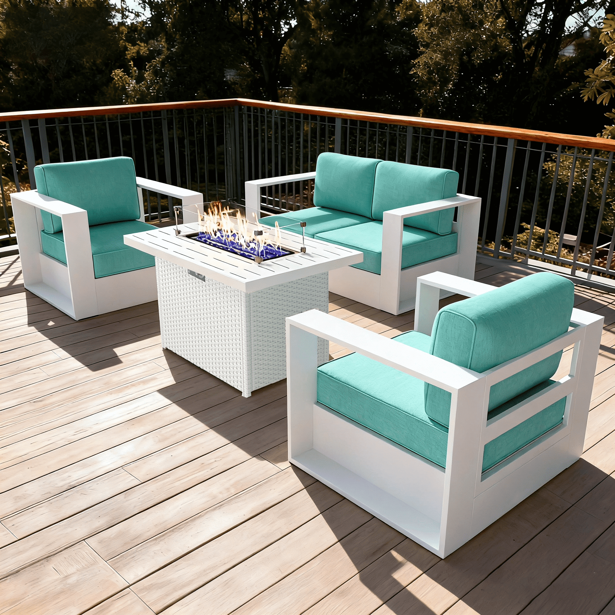 LayinSun Oversized Aluminum Outdoor Furniture Set, 4 Piece Patio Sofa Sets with Fire Pit Table, Deep Seating and Upgraded 6-inch Cushions for Porch, Balcony, Deck