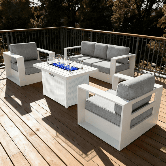 LayinSun Oversized Aluminum Outdoor Furniture Set, 4 Piece Patio Sofa Sets with Fire Pit Table, Deep Seating and Upgraded 6-inch Cushions for Porch, Balcony, Deck