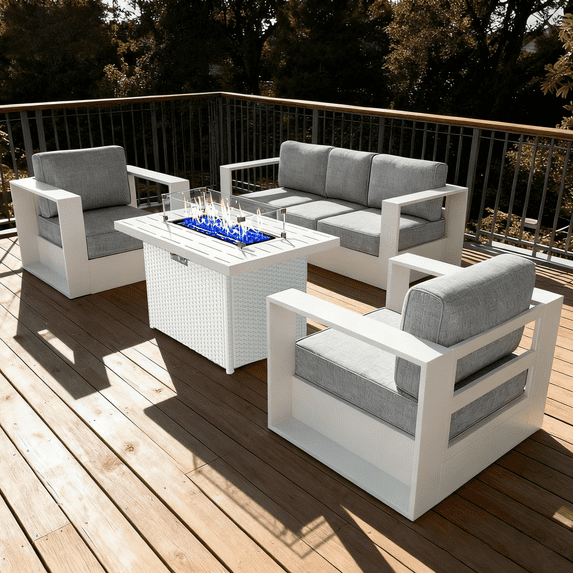 LayinSun Oversized Aluminum Outdoor Furniture Set, 4 Piece Patio Sofa Sets with Fire Pit Table, Deep Seating and Upgraded 6-inch Cushions for Porch, Balcony, Deck