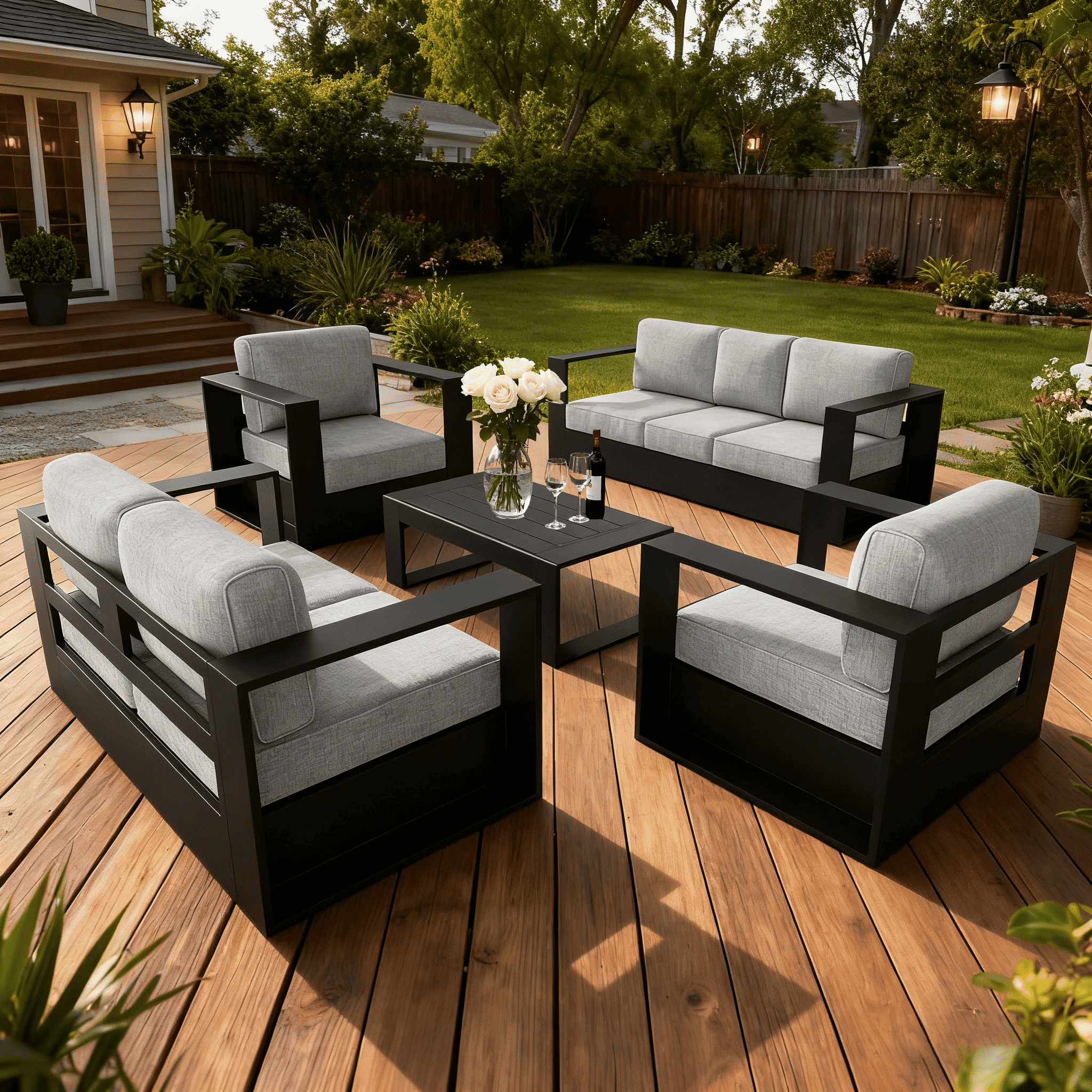 LayinSun Oversized Aluminum Outdoor Furniture Set, 5 Piece Patio Sofa Sets with Coffee Table, Deep Seating and Upgraded 6-inch Cushions for Porch, Balcony, Deck