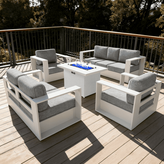 LayinSun Oversized Aluminum Outdoor Furniture Set, 5 Piece Patio Sofa Sets with Fire Pit Table, Deep Seating and Upgraded 6-inch Cushions for Porch, Balcony, Deck