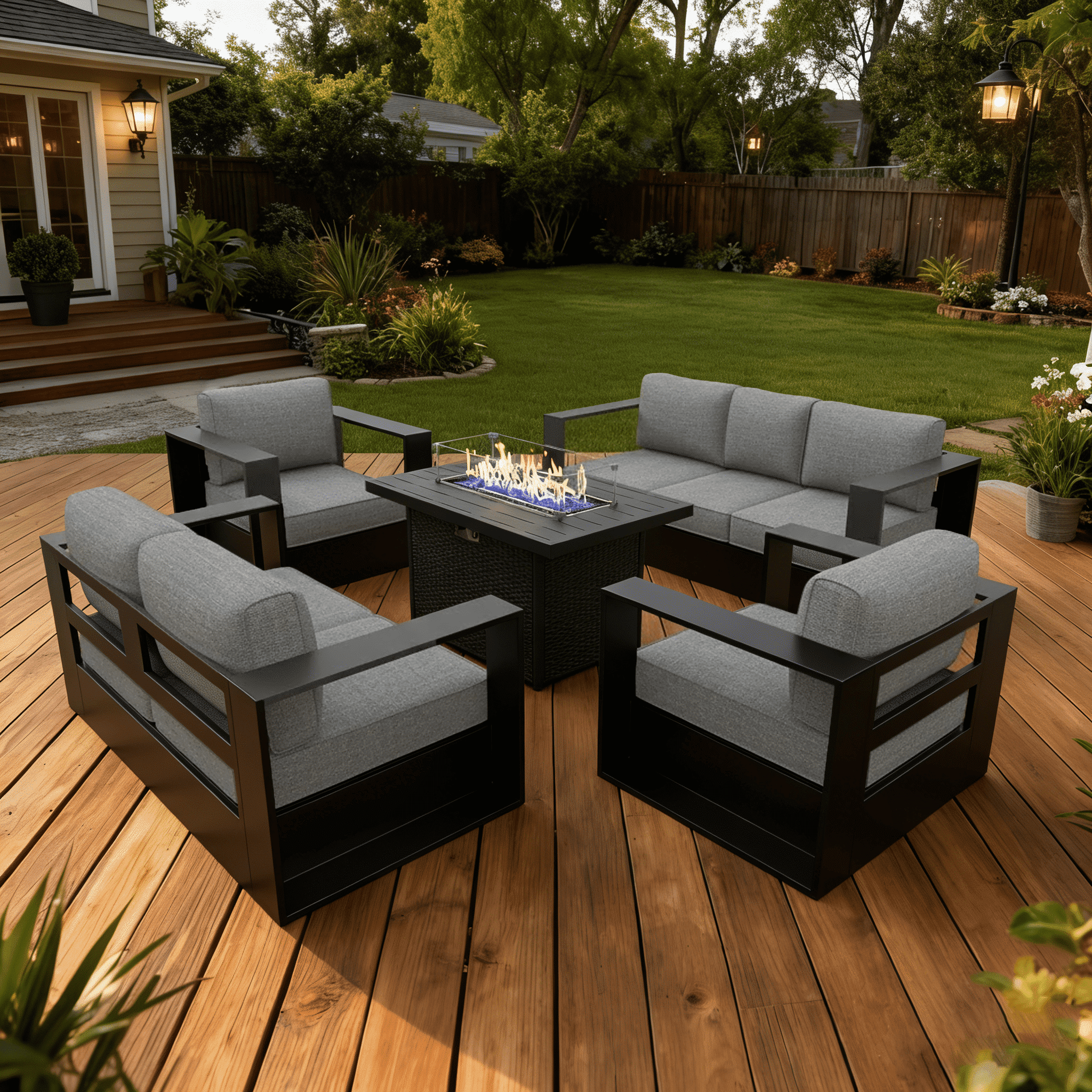 LayinSun Oversized Aluminum Outdoor Furniture Set, 5 Piece Patio Sofa Sets with Fire Pit Table, Deep Seating and Upgraded 6-inch Cushions for Porch, Balcony, Deck