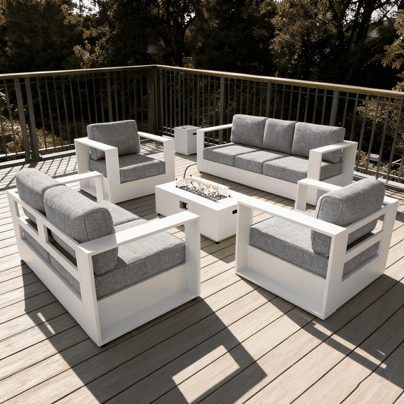 LayinSun Oversized Aluminum Outdoor Furniture Set, 5 Piece Patio Sofa Sets with Fire Pit Table, Deep Seating and Upgraded 6-inch Cushions for Porch, Balcony, Deck