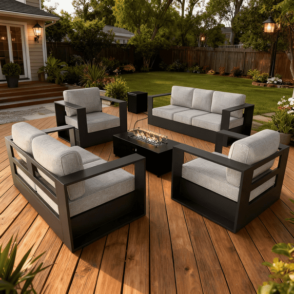 LayinSun Oversized Aluminum Outdoor Furniture Set, 5 Piece Patio Sofa Sets with Fire Pit Table, Deep Seating and Upgraded 6-inch Cushions for Porch, Balcony, Deck