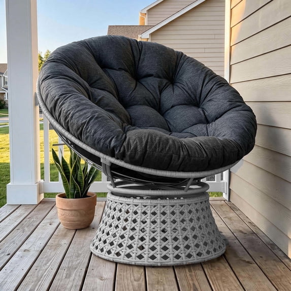 LayinSun Oversized Outdoor Rattan Swivel Papasan Chair with 6" Soft Thickened Cushion for Patio, Deck, Living Room