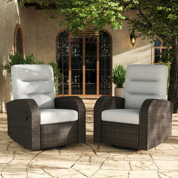 LayinSun Oversized Wicker Outdoor Swivel Glider Recliner with Adjustable Backrest & Footrest, Patio Reclining Lounge Chair - Set of 2