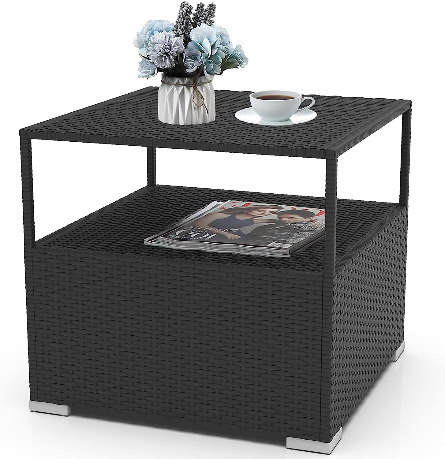 LayinSun Patio Wicker Side Table, Outdoor Rattan End Table with Storage