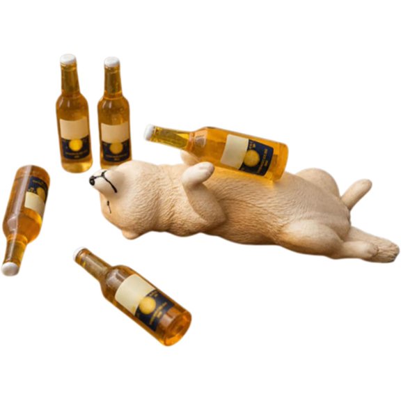 Laying Flat Shiba Inu Dashboard Ornament, Funny Sleeping Dog Car Decor Relaxed sleeping pose Mini beer bottle accents Compact tabletop size Detailed resin finish Fun gift idea
