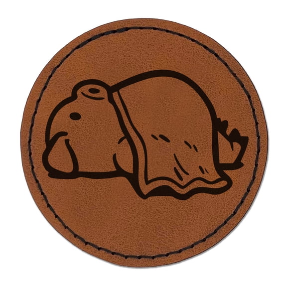 Laying Pig in a Blanket Port Funny Pork Round Iron-On Engraved Faux Leather Patch Applique - 2.5 Inch - Brown